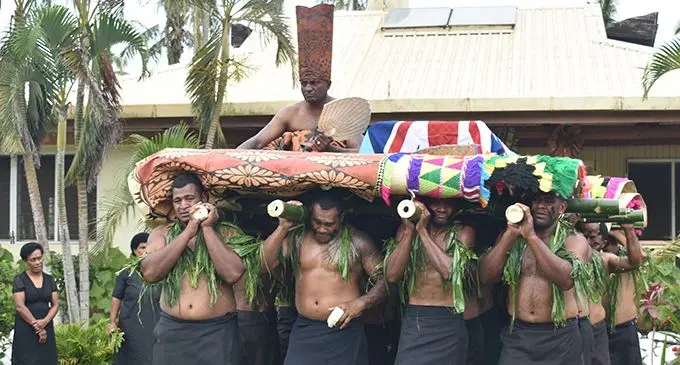 Pall bearers carry the casket of the late Ratu Apisai Tora at his village of Natalau, Nadi on August 14, 2020.  Photo: Mereleki Nai