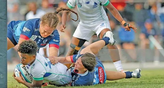 Rooster Chicken Fijiana Drua win Vitalina Naikore scores a try against the Melbourne Rebels in their Super W clash. Photos: Stan Sport