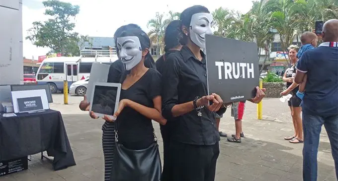 Volunteers of the Anonymous for the Voiceless group in masks spreading the message for better animal care at Lautoka Sugar City Mall on April 13, 2019.