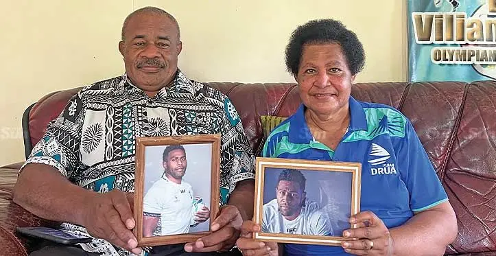Sitiveni Mata and his wife Aliti with the photos of the son Viliame Mata at Nadonumai in Lami on September 26, 2023.