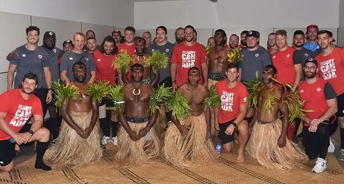 Canada rugby squad with Fijian fans during the welcome ceremony at Nadi International Airport on July 30,2019 . Photo: Waisea Nasokia