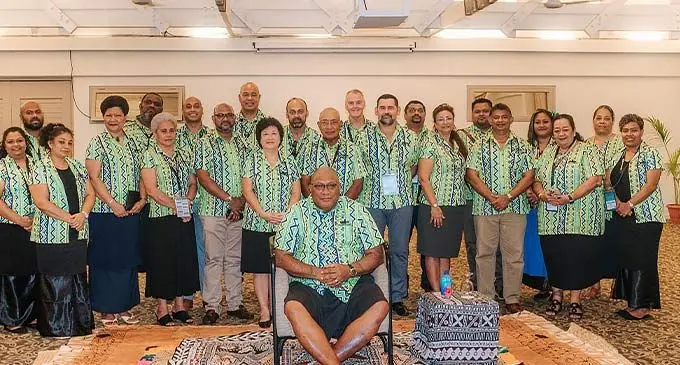 The President of Fiji Ratu Wiliame Katonivere(sitting) with delegates of the TOPEX Executive Conference that was held at the Shangri-La Yanuca Island, Coral Coast. Photo: Fijian Government