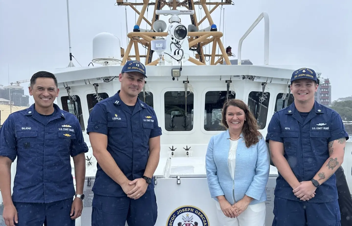 Chargé d’Affaires Christina Cavallo (in light blue coat) with members of the U.S. Coast Guard Joseph Gerczak and our U.S. Military Group Chief Nate Baladad 