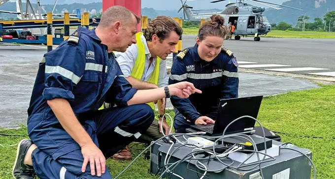 A portable satellite communication system was set up at the Port Vila Airport in Vanuatu and the first aerial reconnaissance images taken yesterday morning by a Falcon were transmitted to the NDMO. Photo: Jean-Baptiste Jeangene Vil/X