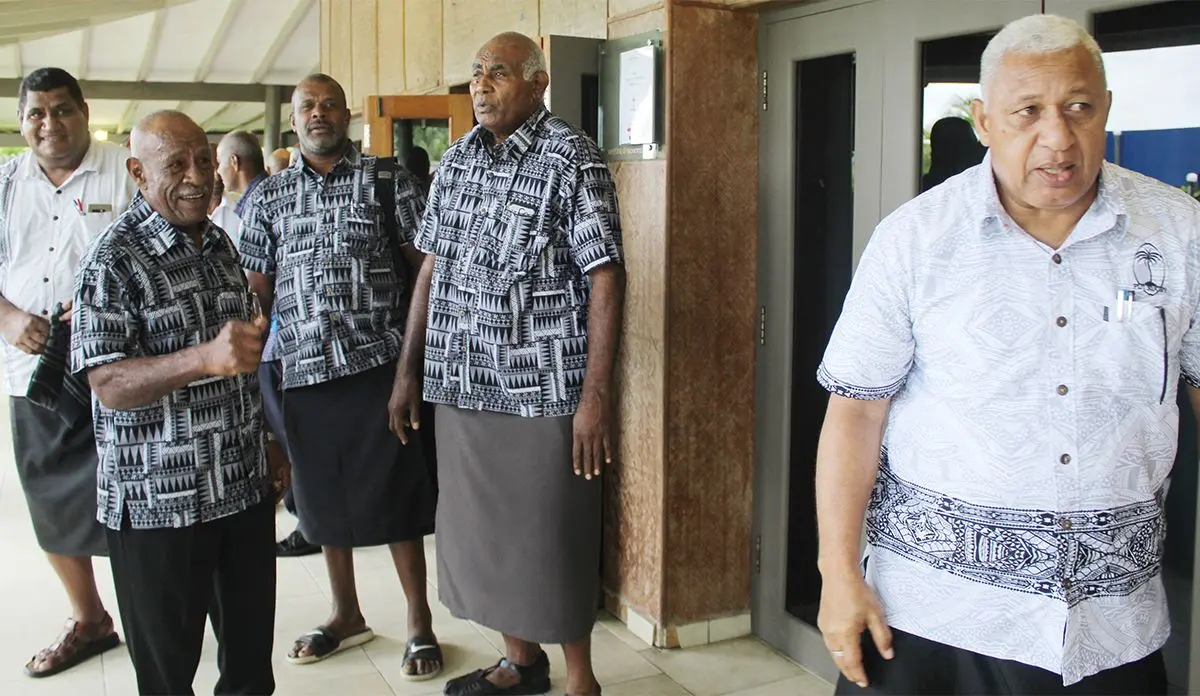 Fiji Rugby Union CEO, John O'Connor (from left) Pio Bosco Tikoisuva, Sakiusa Secake of Rewa Rugby Union, Ratu Ilaitia Tuisese and Prime Minister and Fiji Rugby Union President Voreqe Bainimarama (right) after FRU AGM at Novotel Hotel n April 27, 2019. Photo: Ronald Kumar.