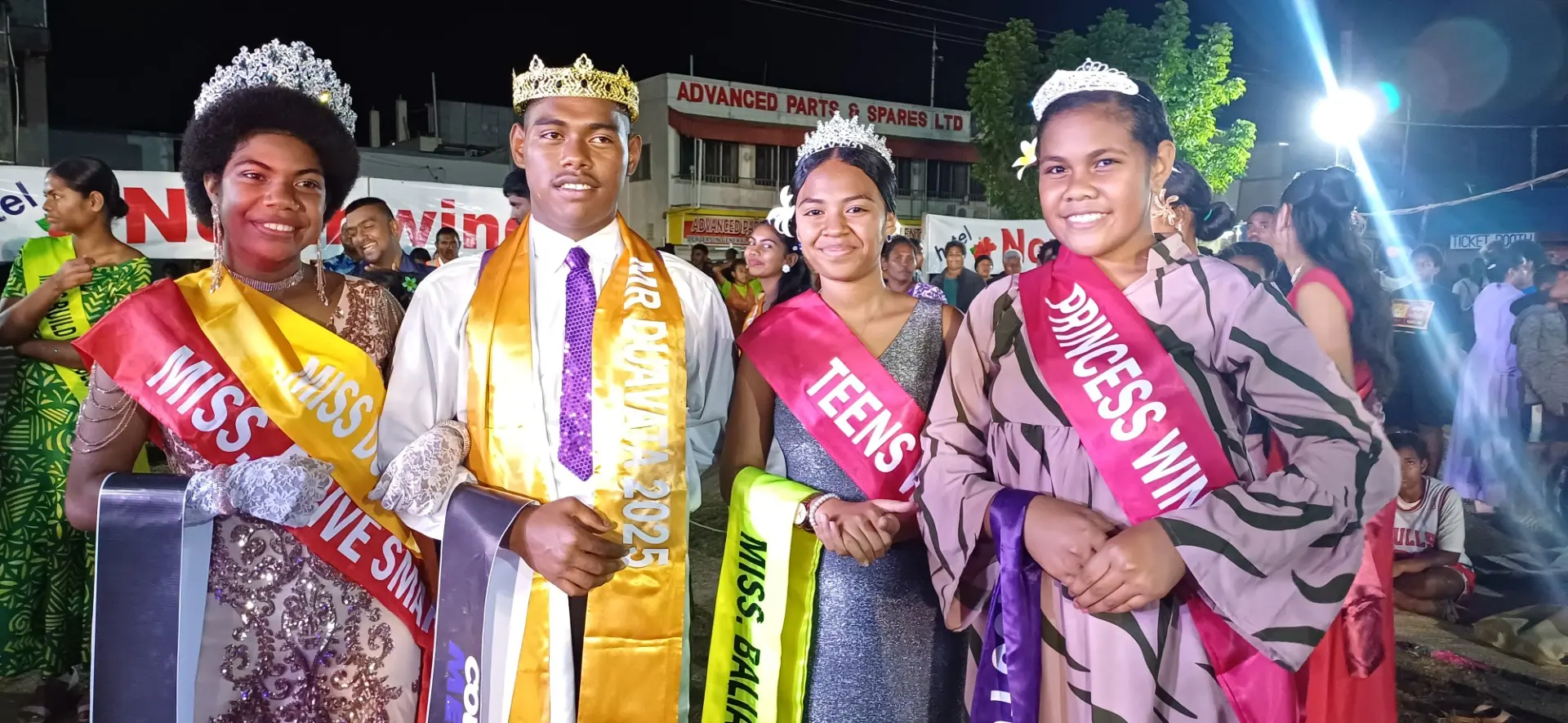From left: Miss Pinto – Digicel Duavata Northern Crime Prevention Carnival Miss Drive Smart Pte Limited Joana Divesi, Mr Pinto – Digicel Duavata Northern Crime Prevention Carnival Mr Formscaff Fiji Pte Limited Luke Valonisiga, Teen winner Miss Balia Brothers Agnes Dyer, and Princess winner Miss Future Tech Vasiti Tatawaqa at Subrail Park in Labasa on July 26, 2025. Photo: Shratika Naidu