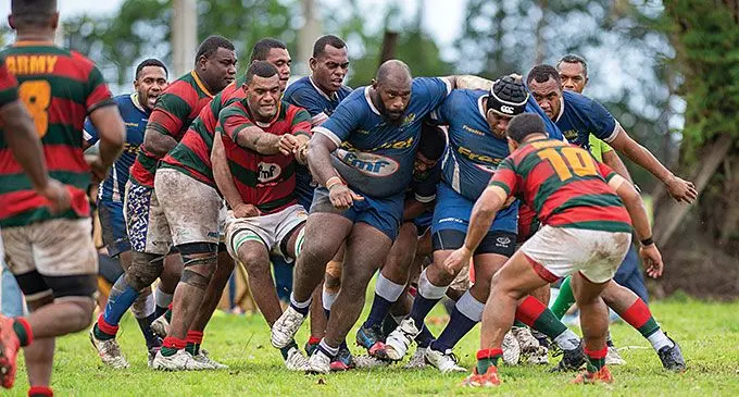 Navy forwards leading the charge against Army Green in the Escott Shield semi-final on September 7, 2024. Navy won 13-10. Photo: Josua Buredua