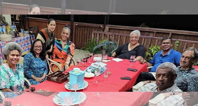 National Federation Party members and supporters with Samoa’s Prime Minister Fiame Naomi Mata’afa (fourth from right), at party leader Biman Prasad’s residence on July 11, 2022. Photo: National Federation Party/Facebook
