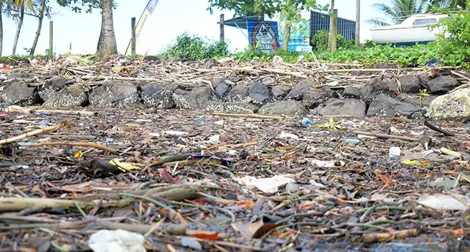 Rubbish that was swept in by the current during the rainy weather pilled up by the sea walls at Suva Point on April 29, 2019.  Photo: Simione Haravanua