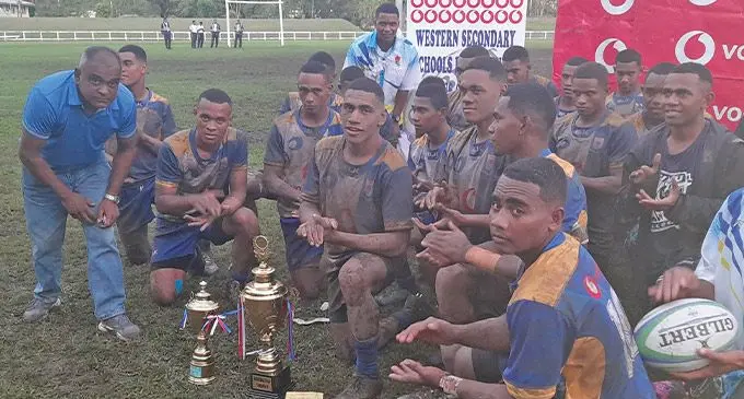 Cuvu College Under-18 rugby players and officials after winning the Western Zone by beating Natabua High School in the final at Lawaqa Park, Sigatoka, on July 22, 2023. Photo: Supplied