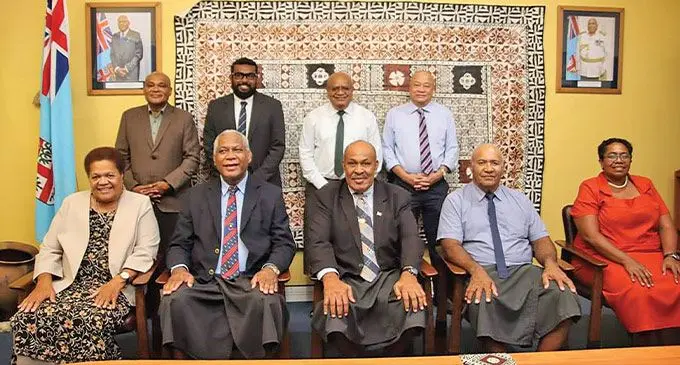 Members of the Great Council of Chiefs review team. Front row, from left; Dr Eci Nabalarua, Dr Jone Baleidrokadroka, Minister for Itaukei Affairs Ifereimi Vasu, Ratu Timoci Tavanavanua, Mereani Rokotuibau. Back row, from left; Ministry of iTaukei Affairs PS Pita Tagicakirewa, Dr Apisalome Movono, Malakai Naiyaga and Graham Leung. File