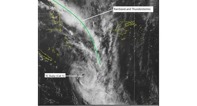 Satellite image showing the location of Tropical Cyclone Ruby (Category 1) at 10.30am today.