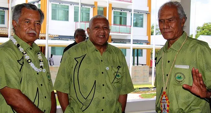 From left: Cook Islands Prime Minister Henry Puna, Prime Minister Voreqe Bainimarama and Tonga’s Prime Minister ‘Akilisi Pohiva in Funafuti, Tuvalu.  