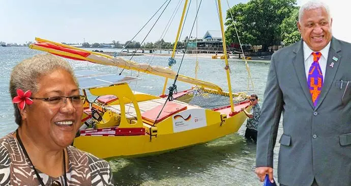 Catmarang powered by electric propulsion kit launched in the Marshall Islands. Inset: Samoa Prime Minister Fiame Naomi Mata’afa (left) and Prime Minister Voreqe Bainimarama (right).