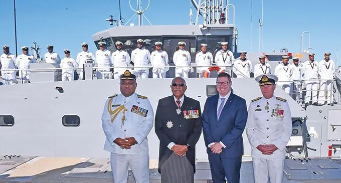 Navy Commander Captain (Navy) Humphrey Tawake, Prime Minister Sitiveni Rabuka, Australia’s Minister for Defence Industry and International Development and the Pacific Pat Conroy and Vice Admiral Mark Hammond – Australia Chief of Navy. Photos: DEPTFO News
