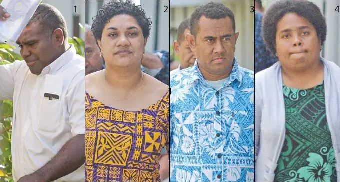 From left: Naval officer Melisateki Sara,, former iTaukei Land Trust Board employee Adi Mara Rufina Qaranivalu, former FNPF employee Jack Edward Hiramatsu and high school teacher Seini Pece Tadulala outside the court on August 15, 2019.  Photos: Ronald Kumar