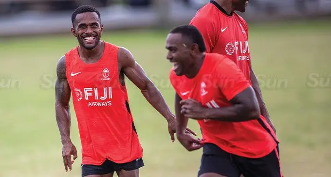Suva halfback, Terio Tamani (left), with Waisea Nacuqu during the Fiji men’s rugby sevens training at Albert Park, Suva, on April 22, 2024. Tamani is a definite starter for Suva in Friday’s Skipper Cup clash against Nadi. Photo: Josua Buredua
