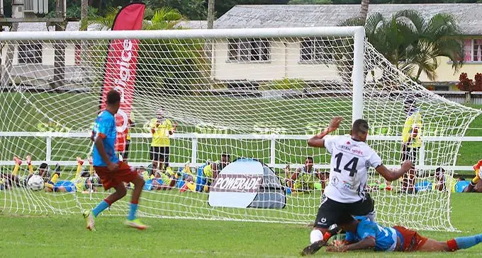 Rams Cleaning Services/ All Freight Logistics Suva striker Samuela Drudru (14) scores their second goal against Nasinu during their Digicel Fiji FACT clash at Lawaqa Park, Sigatoka, on May 26, 2022. Suva won 3-0. Photo: Waisea Nasokia.