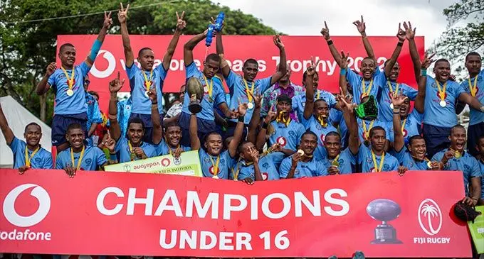 Queen Victoria School Under-16 on the victory podium for winning their grade at Churchill Park, Lautoka, today. Photo: Leon Lord