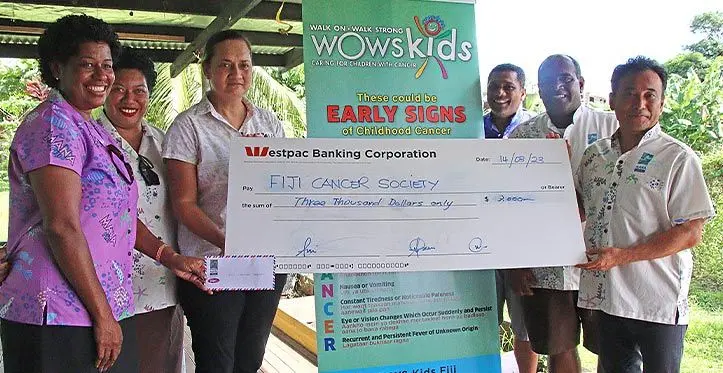Fiji Cancer Society chief executive officer Belinda Chan (third from left) with Mana Island Resort chief operation officer, Hiroshi Matsumoto (right) with other resort staff and WOWS Kids Fiji Officials on March 14, 2023 Photo: Jone Salusalu