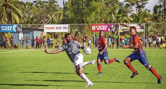 Rewa football captain Setareki Hughes controls the ball against Navua at the Uprising Sports Complex in Pacific Harbour, Deuba, on March 28, 2021. Photo: Leon Lord