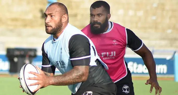 Fiji Airways Flying Fijians Wing, Nemani Nadolo and Dominiko Waqaniburotu during training at ANZ Stadium in Suva . Photo: Ronald Kumar