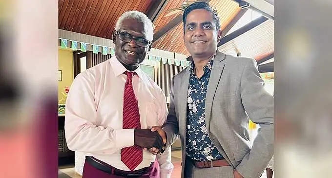 Businessman Praneel Dass (right) with Solomon Islands Prime Minister Manasseh Sogovare in Honiara, Solomon Islands. Photo: Waisea Nasokia