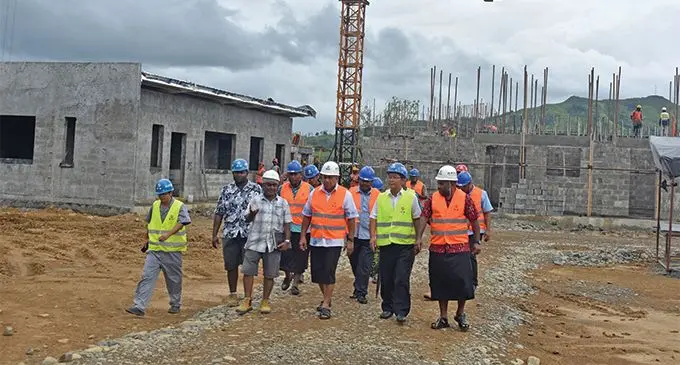 Prime Minister Voreqe Bainimarama (third from left), General Manager for Yan Jian, Gary Yuan (fourth from left) and the Minister for Health and Medical Services, Dr Ifereimi Waqainabete (right) during a tour of the Navosa Hospital construction site on March 12, 2019. Photo: Nicolette Chambers