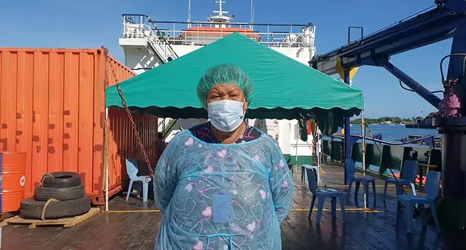 Sister Mere Kauata onboard the Government medical ship, MV Veivueti at the Lautoka Wharf on May 12, 2021.  Photo: Nicolette Chambers 