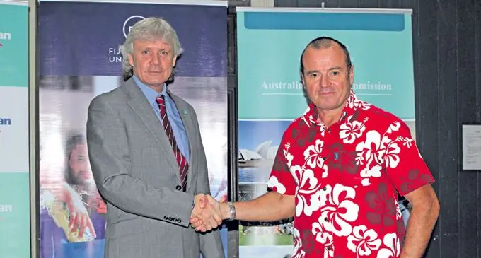 Fiji National University (FNU) vice-chancellor Nigel Healey, left, and Australian High Commissioner to Fiji, John Feakes, at the FNU Nasinu campus in Valelevu, Nasinu, on March 1, 2018. Photo: Ashna Kumar