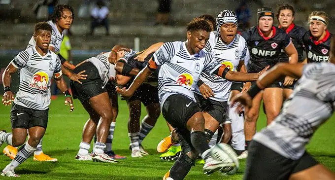 Rooster Chicken Fijiana first five eight Merewalesi Rokouono kicks for touch against Canada at the HFC Bank Stadium, Suva, on September 23, 2022. Photo: Leon Lord
