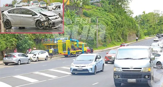 The site of the car accident in Caubati on February 16, 2020. INSET: One of the cars involved in the accident at Caubati. Photos: Kelera Sovasiga