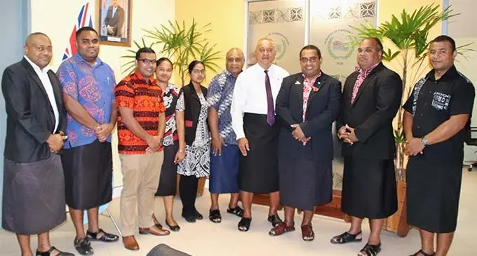 (Pictured in the middle) Permanent Secretary for Foreign Affairs, Mr Ioane Naivalarua with Roving Ambassador Ratu Tui Cavulati and the new diplomats during the farewell ceremony