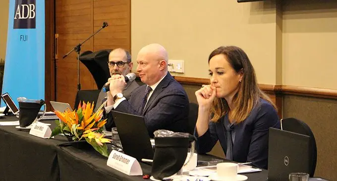 From left: Asian Development Bank assistant general counsel,  Damien Eastman, Barrister and ADB internationl arbitration consultant, Daniel Meltz and Hong Kong International Arbitration Centre secretary-general, Sarah Grimmer at Suva’s Grand Pacific Hotel on May 28, 2019. Photo: Sydnee Gonzalez