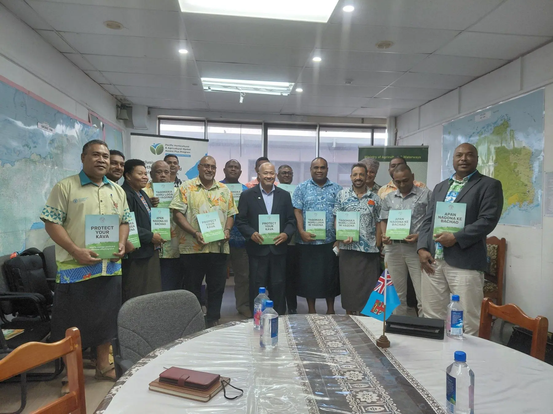 Permanent Secretary for Agriculture and Waterways Dr Andrew Tukana and Fiji PHAMA Plus country director David Hickes with ministry officials and development partners during the launch of the new kava dieback awareness materials at the ministry’s Raiwaqa headquarters on December 5, 2025.