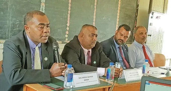 Members of the Standing Committee on Justice, Law and Human Rights (From left) SODELPA Opposition MP Mosese Bulitavu, deputy chairperson and FijiFirst MP Rohit Sharma, chairperson and FijiFirst MP Alvick Maharaj and Dr Salik Govind during the public consultations at Vakabuli Primary School in Lautoka on January 14, 2021