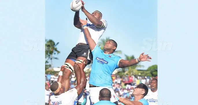 Nadroga flanker Jone Navori claims a lineout against Suva during the double header clash Lawaqa Park, Sigatoka on July 25,2020. The Stallions take on Namosi this Saturday. Photo: Ronald Kumar