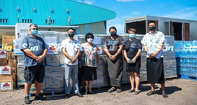 From left: Some members of the Chinese Association of Fiji during the handover of humanitarian items to Tonga (from left): Robert Chung, Zhao Fugang, Chinese Association of Fiji president Jenny Seeto, NDMO director Vasiti Soko, Wendy Fang, and Michael Yang at the Vodafone Arena in Laucala Bay on January 27 2022. Photo: Leon Lord