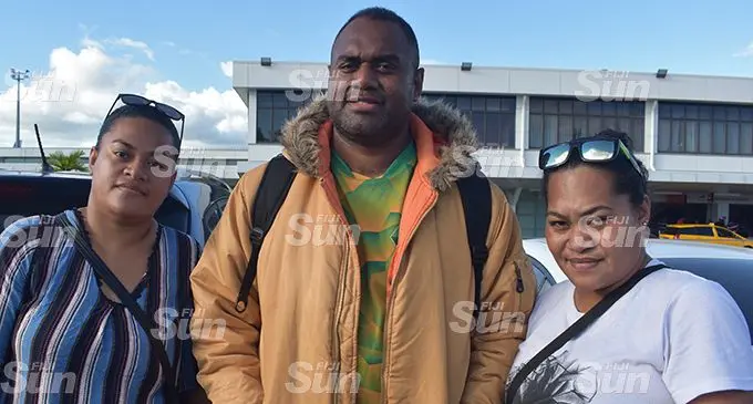 From left: Joana Lutukiwai, Joe Racaca and his wife, Aggie Racaca outside the Nadi International Airport on  February 23, 2020.  Photo: Mereleki Nai.