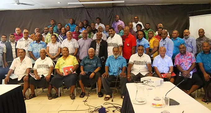 Prime Minister and Fiji Rugby Union president Voreqe Bainimarama (seated fourth from left) after the Annual General Meeting at the Novotel Suva, Lami Bay on July 18, 2020. Photo: Kelera Sovasiga.