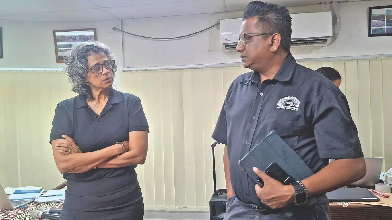 Law Reform Commissioner Ana Rokomokoti (left), with Professional Security Services Fiji Limited regional manager, Sanjay Nand in Lautoka. 