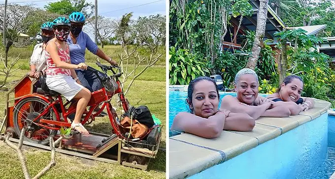 Vela Bale with her friends enjoying an EcoTrax ride in Sigatoka and From left: Samita Singh, Vela Bale and Adelle Khan at Matanivusi Beach Eco Resort.