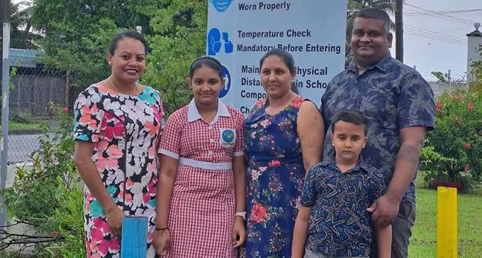 From left; Amanda Shandil (teacher), Sonakshi Vanshika Kumar with her mother, Sanjana Kumar and her father, Vimal and her younger brother, Shaunav. Photo: Mereleki Nai