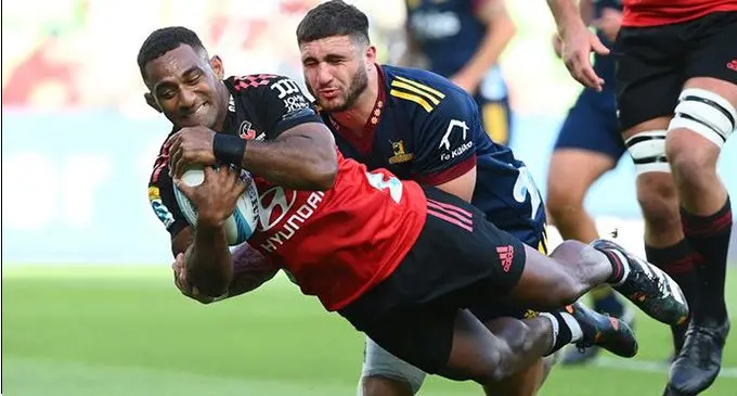 Fiji-born Crusaders winger Sevu Reece scores the first try against Highlanders at AAMI Park in Melbourne, Australia, on March 3, 2023. Photo: Wide World of Sports