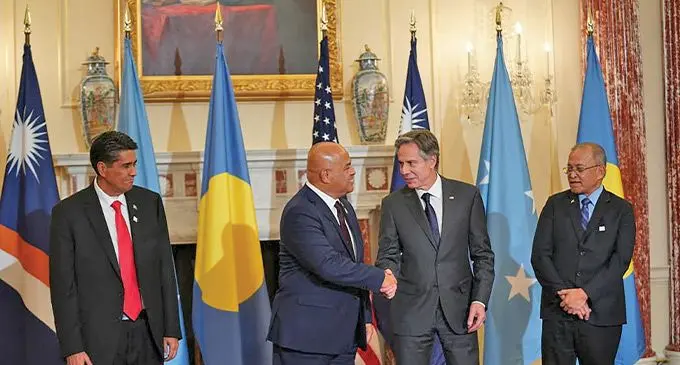 US Secretary of State Antony Blinken, Micronesia’s President David Panuelo, Palau President Surangel Whipps and Marshall Islands President David Kabua.