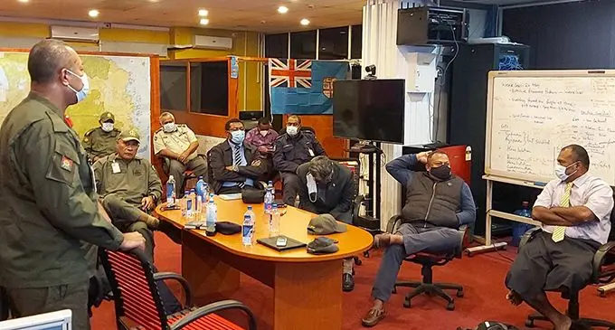 Brigadier General Ratu Jone Kalouniwai leads a briefing with Ministry of Defence stakeholders and the Ministry of Health leadership team.