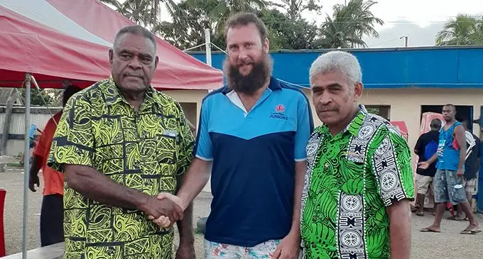 From left:  Serua Rugby president Mikaele Leawere, coach Gus Anderson, patron Ratu Jone Vitukawalu at Thomson Park, Navua on February 29, 2020.   