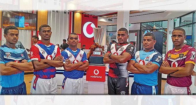 From left-right: Queen Victoria School Under-15’s Tui Raisoqe, Marist Brothers High School U17’s Nemani Laivou, Ba Provincial U19’s Bale Vetaukula, Naitaisiri Secondary School U19’s Iliesa Gaunavinaka, QVS U17’s Matalasi Kabu, and Ba Methodist High School U15’s Osea Naiqamu, pose during the jersey handover at the Vodafone Fiji Shop in Nadi on April 26, 2024. Photo: Waisea Nasokia.