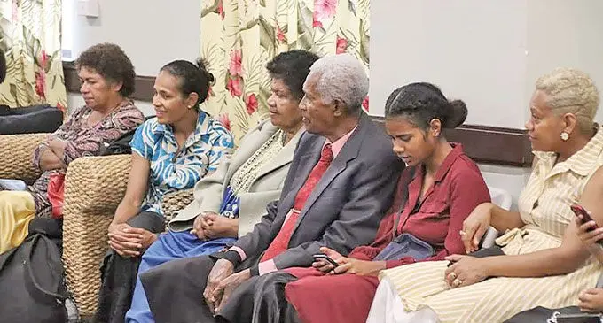 Fijian Pearls rep Vakaoca Bolakoro (second from left) with her parents Bulou Jojina and Ratu Bola after the team’s Fijian Pearls v Cook Islands church service in Suva on July 17, 2022. Photo: Netball Fiji