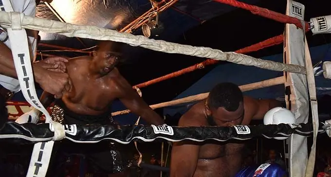 James Singh looks as Petero Qica hits the deck at Prince Charles Park in Nadi on June 30, 2019.